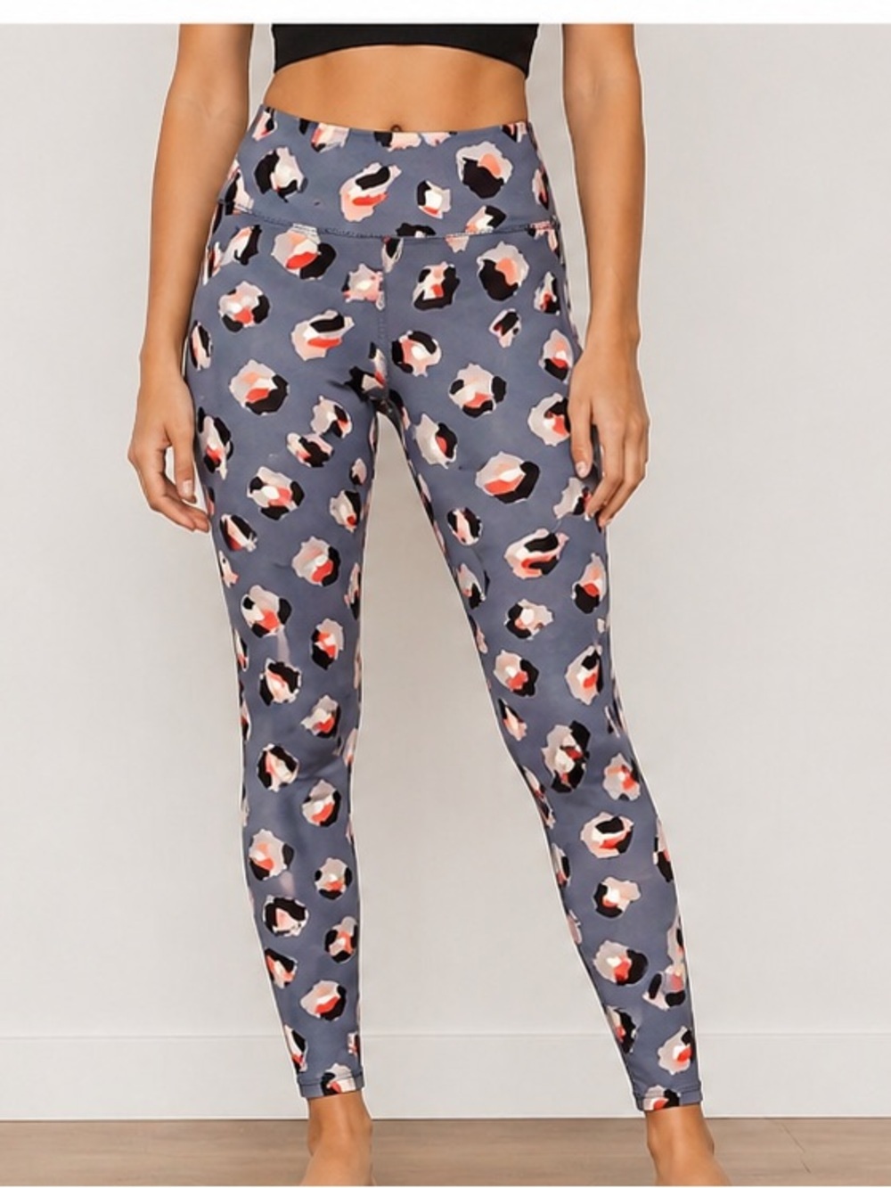 By Together Dusty Blue Leopard-Print Leggings with Coral & Black Spots MEDIUM